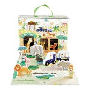 קופסת משחק עם 15 דמויות עץ גן חיות